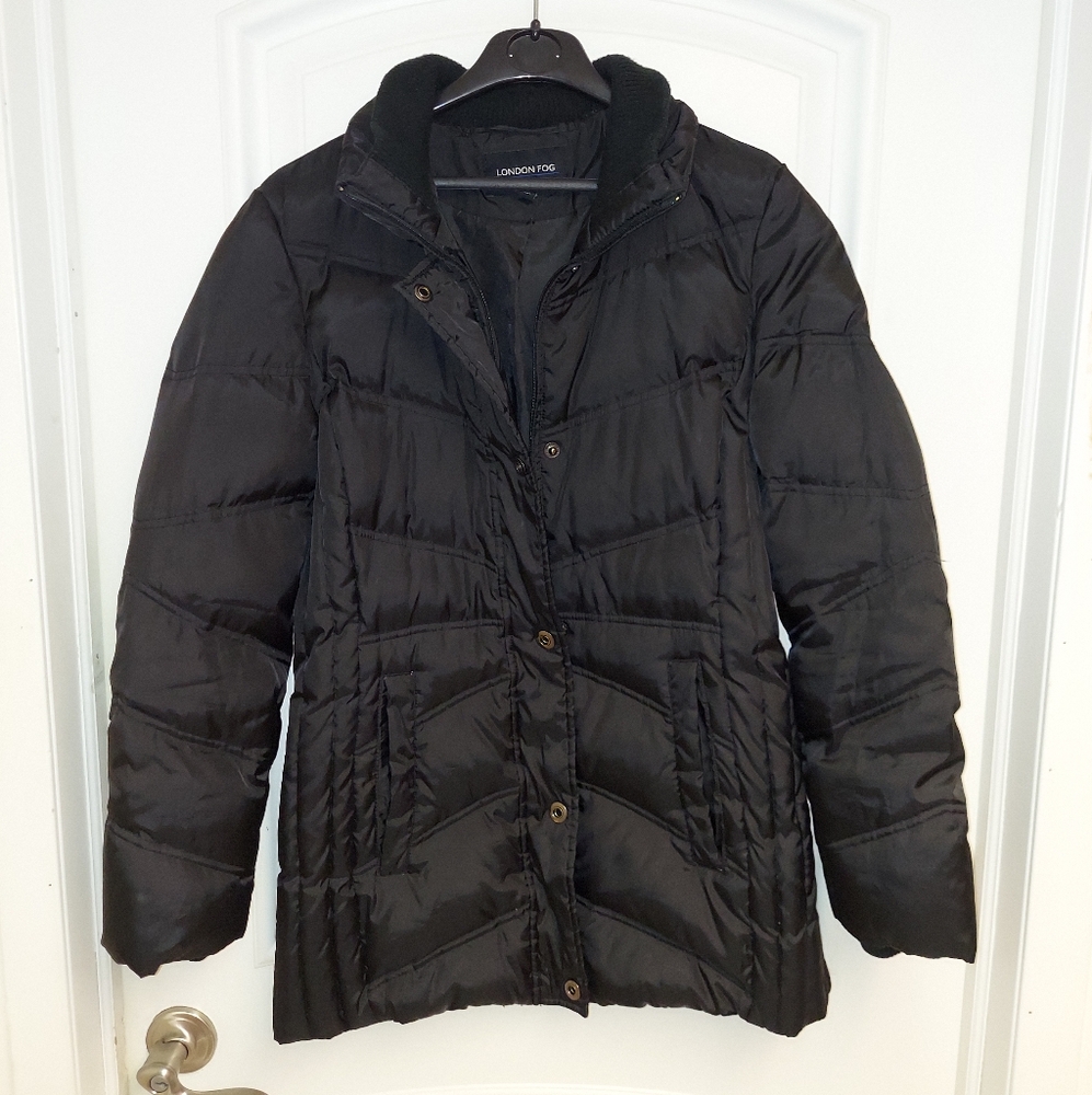 LONDON FOG WOMEN'S BLACK DOWN FILLED PUFFER COAT ZIP & BUTTON UP SIZE MEDIUM